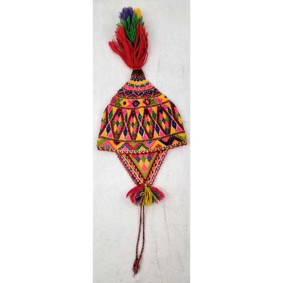 Vintage Handwoven Andean Wool Chullo Hat Earflaps & Tassels - Picture 9 of 12
